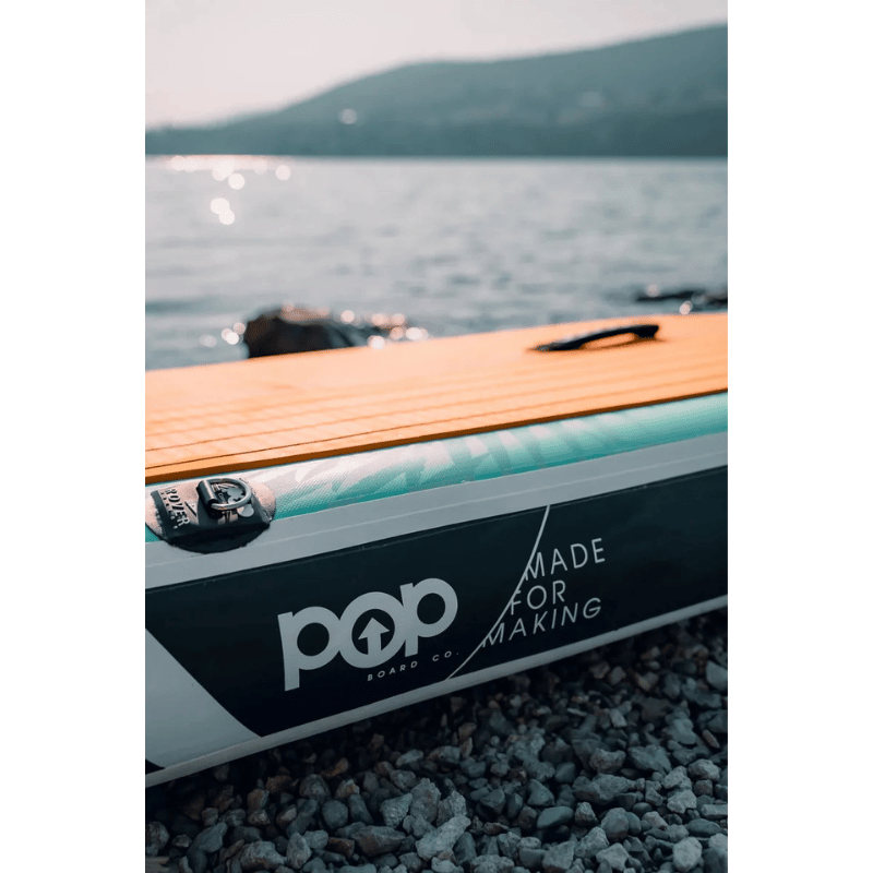Deck of POP Yacht Hopper 11' Inflatable Touring Paddle Board SUP with Cooler Mount – Mint/Teak/Blue