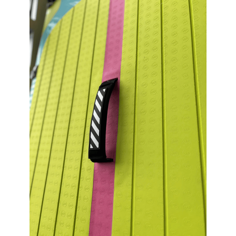 Closeup of the grab handle of POP Yacht Hopper 11' Inflatable Touring Paddle Board SUP – Turq/Neon/Pink