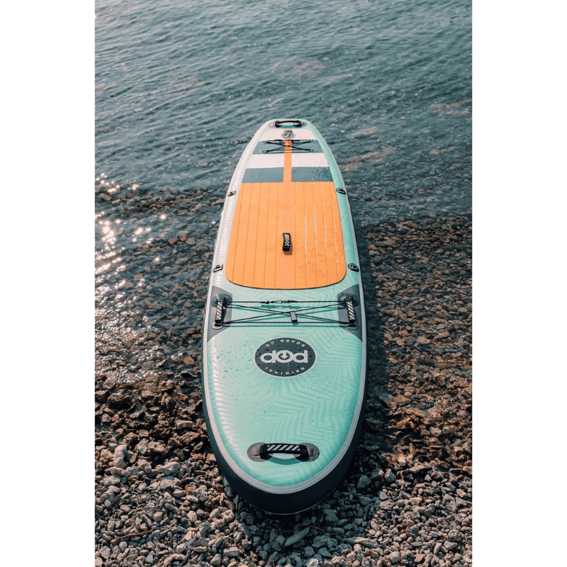 POP Yacht Hopper 11' Inflatable Touring Paddle Board SUP with Cooler Mount – Mint/Teak/Blue Lifestyle Photo