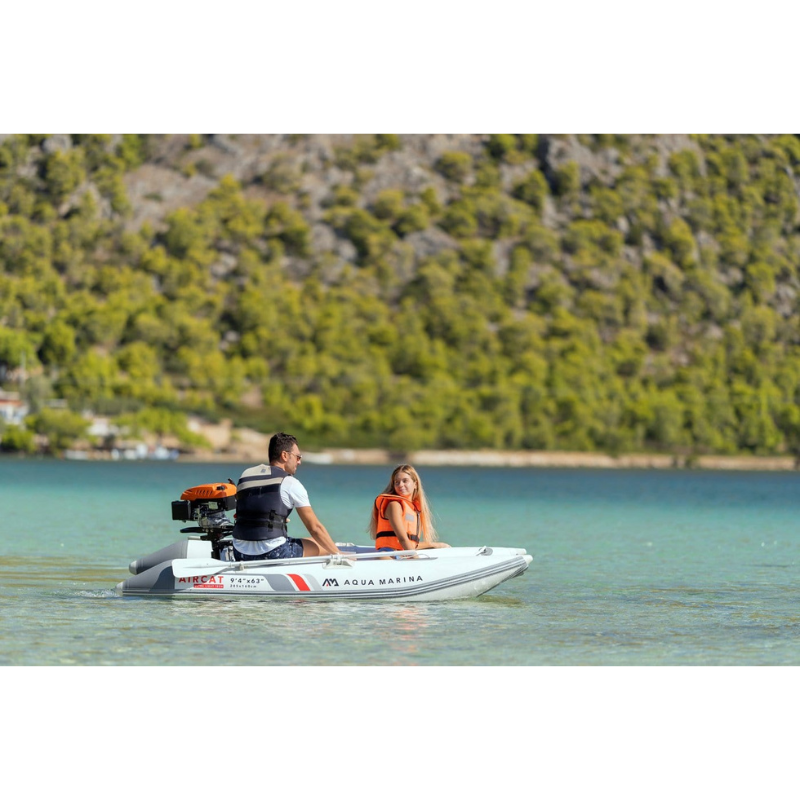 Two people riding Aqua Marina 9'4" x 63″ AIRCAT 2021/2022 Inflatable Catamaran Boat