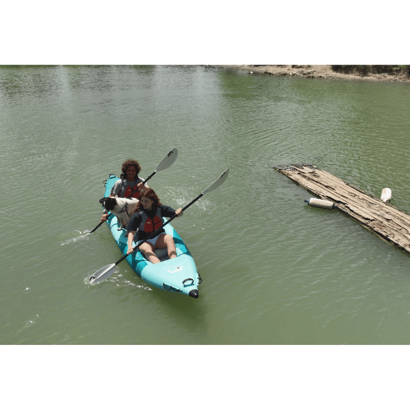 Two people riding the Aqua Marina 13'6″ BETTA-412 Recreational Inflatable Kayak (2026) with a Dog